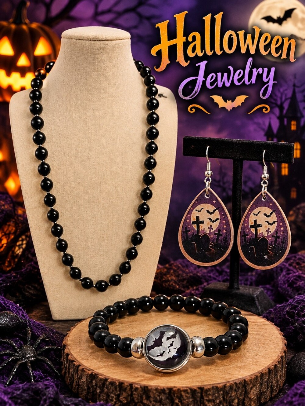 🎃 Halloween Black Beaded Jewelry Set - Bats & Haunted Graveyard Themed